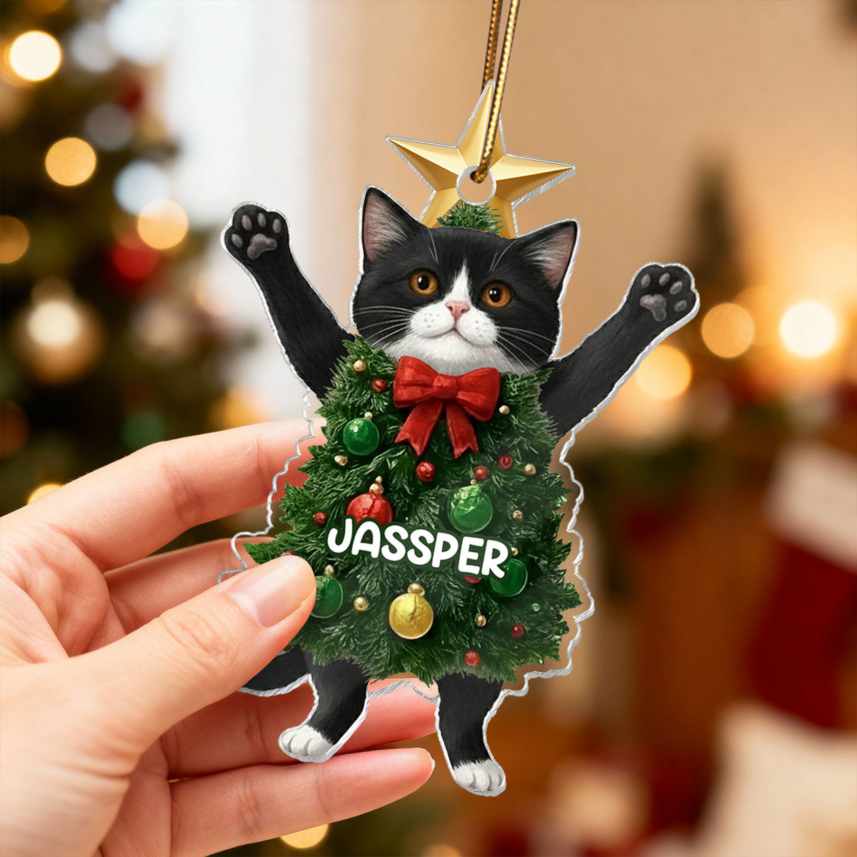 3D Effect Whimsical Christmas Cat - Personalized Acrylic Ornament - Gift For Cat Lover