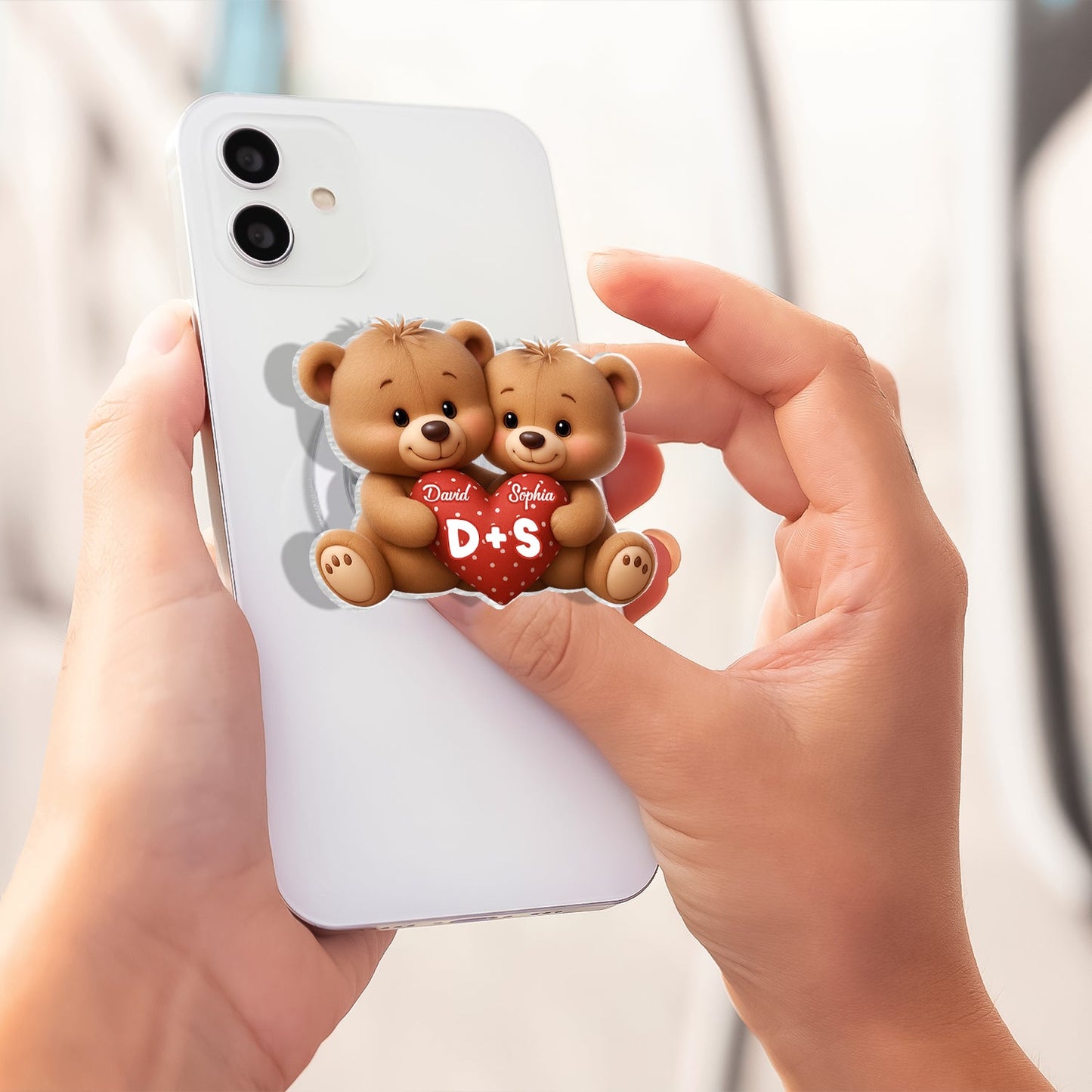Bear Couple Holding Heart - Personalized Acrylic Magnetic Phone Grip - Gift for him, for her, Matching Phone Grips for Couple