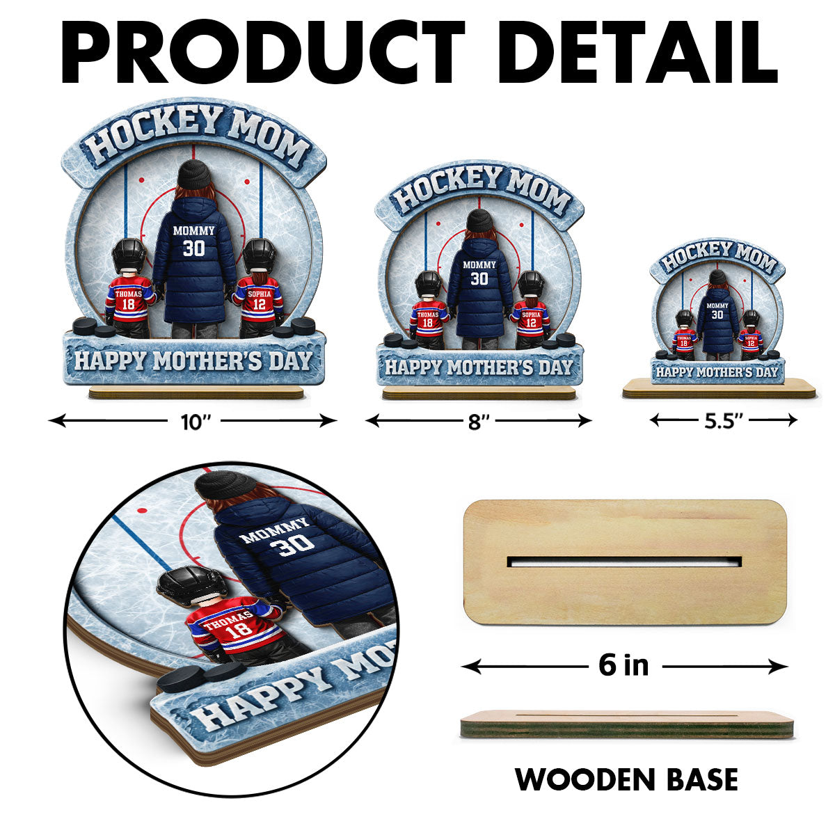 Hockey Mom Front View And Kids - Personalized 2-Layered Wooden Plaque - Mother's Day Gift For Hockey Mom, Gift For Wife