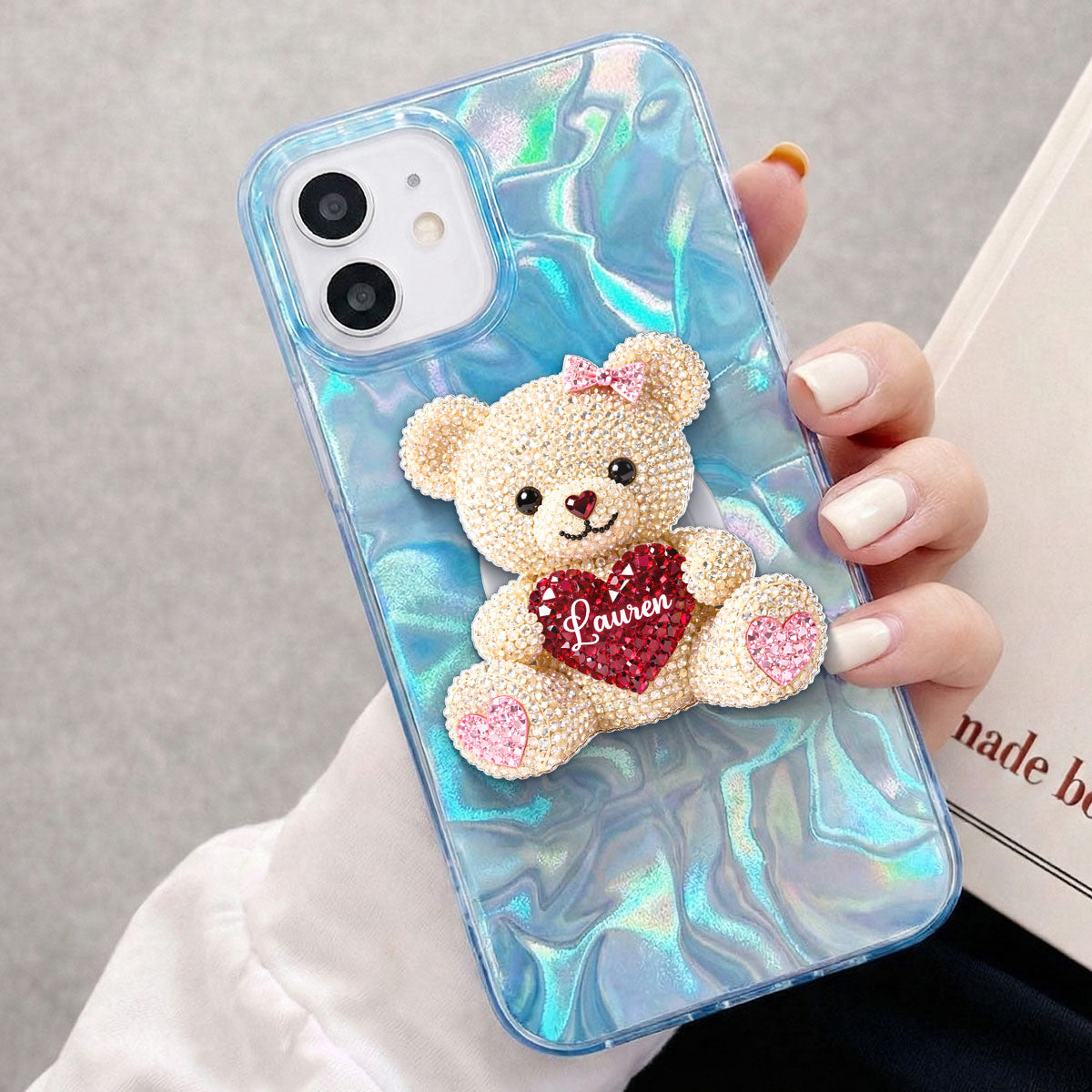 3D Effect Teddy Bear Valentine - Personalized Acrylic Magnetic Phone Grip - Anniversary, Valentine's Day Gift, Gift For Her