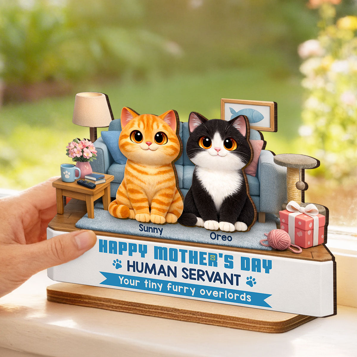 Cat Mom Cute Fluffy Cats Happy Mother's Day Human Servant - Personalized 2-Layered Wooden Plaque - Funny Mother's Day Gift For Cat Mom