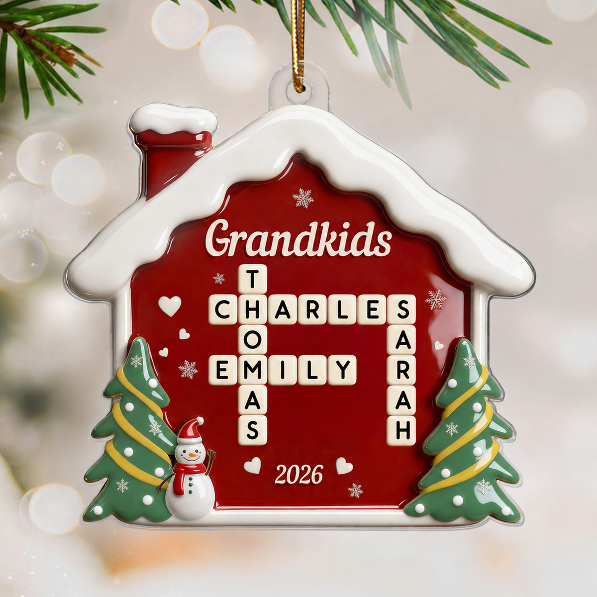 3D Effect Festive Christmas House Grandparents Grandkids Forever Linked Together Crossword Puzzle Art - Personalized Acrylic Ornament