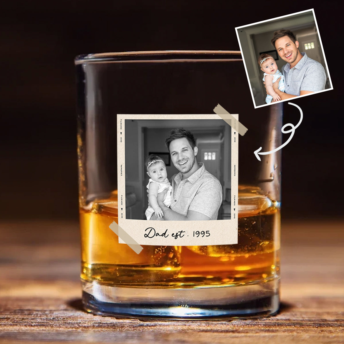 Custom Photo Dad Est - Personalized Whiskey Glass - Father's Day Gift for Dad, Husband