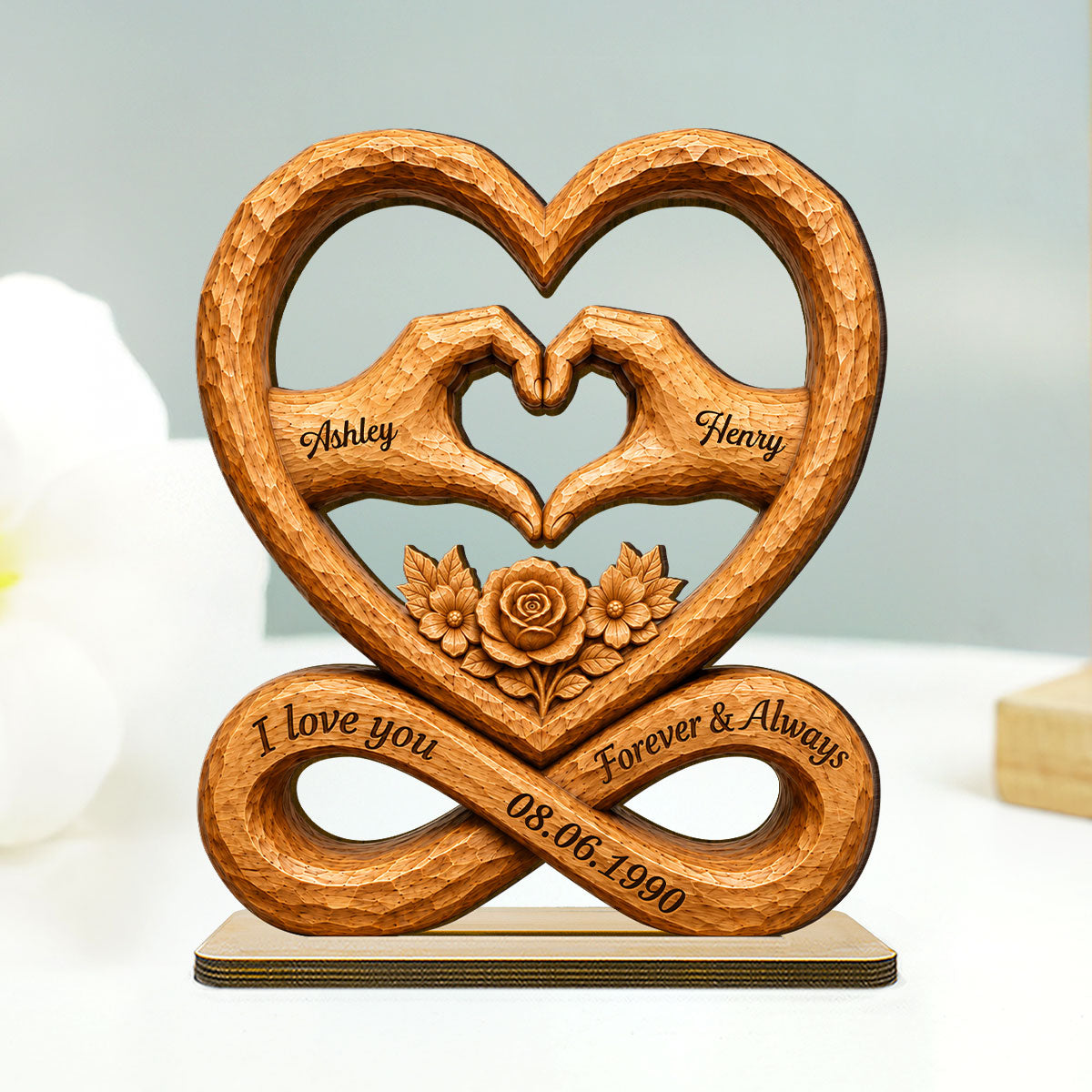 Couple Heart Hands Forever Love Custom Date - Personalized 2-Layered Wooden Plaque - Anniversary Gift, Wedding Gift For Couple