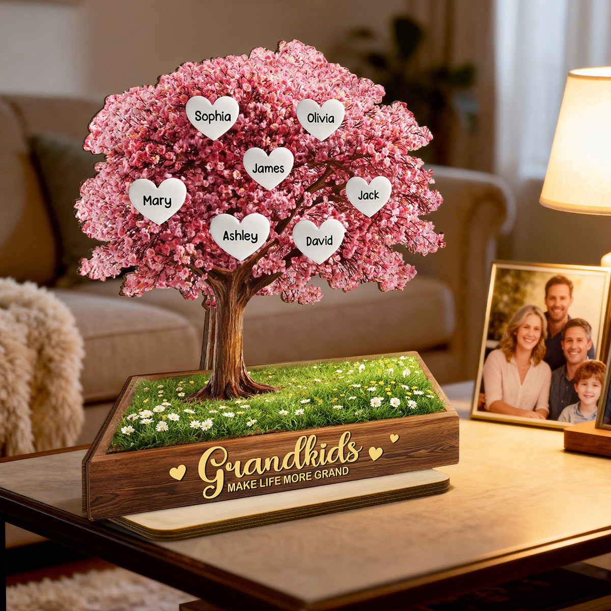 Grandkids Make Life More Grand Family Heart Tree - Personalized 2-Layered Wooden Plaque - Heartfelt Gift for Grandma