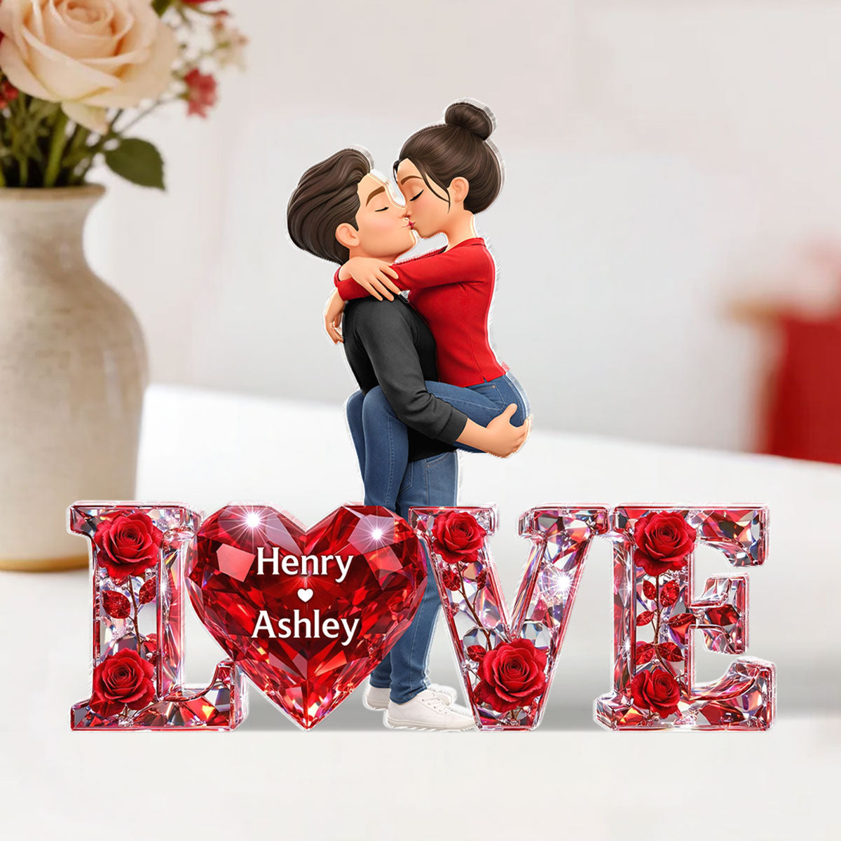 3D Shiny Rose Love Kissing Couple - Personalized Acrylic Block Plaque - Heartfelt Valentine's Day Gift For Him, Gift For Her
