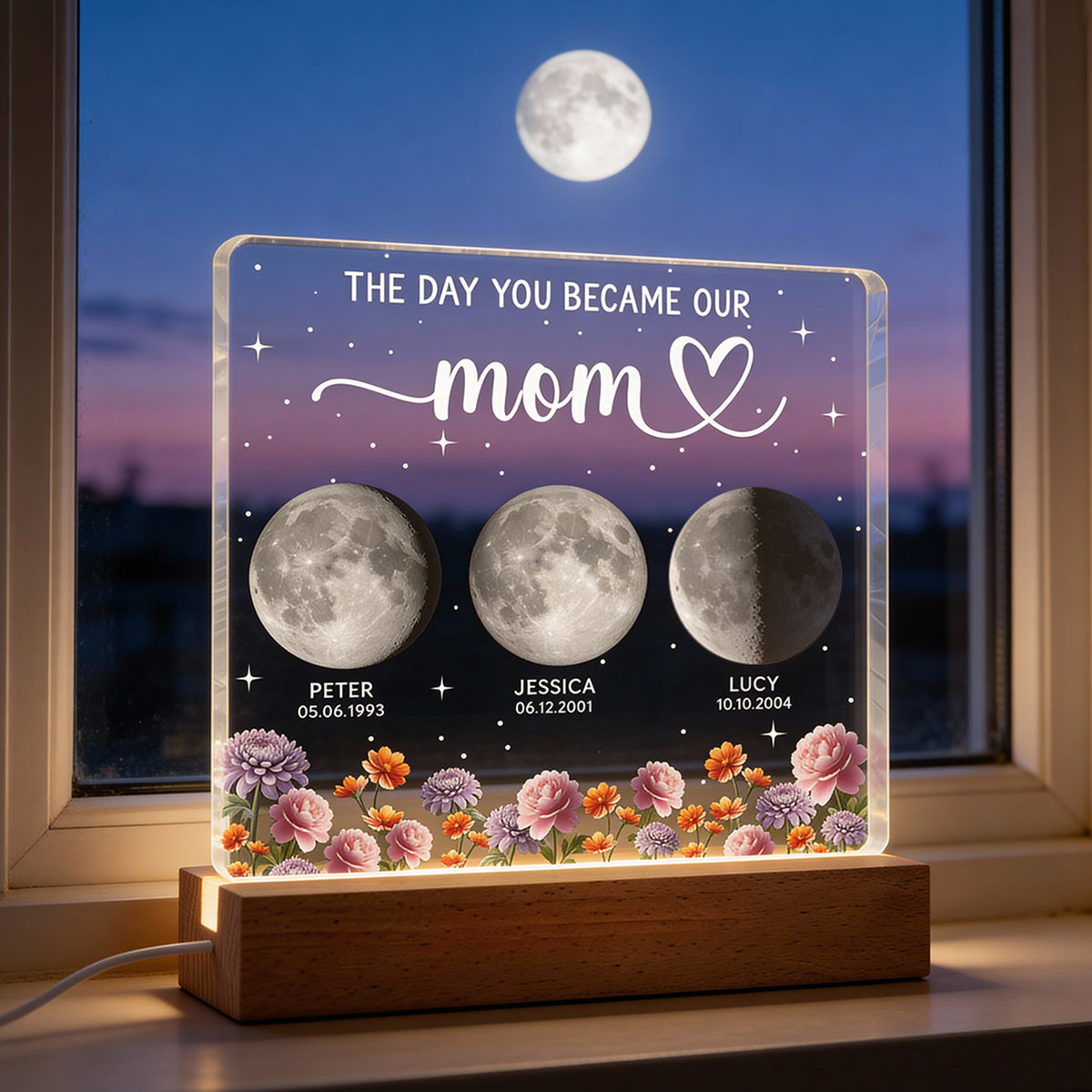 The Day You Became Our Mom, Custom Moon Phase by Date - Personalized Acrylic Block LED Night Light, Custom Birth Flowers, Mother's Day Gift for Mom