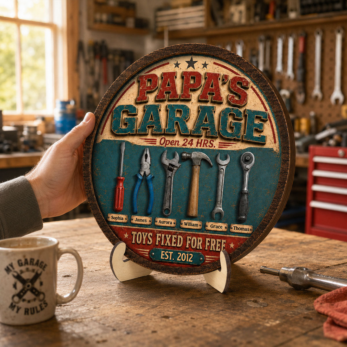 Papa Dad's Garage Toys Fixed For Free Custom Kid Name 2D Flat - Personalized 2-Layered Wooden Plaque -  Gift For Mechanic Dad, Grandpa