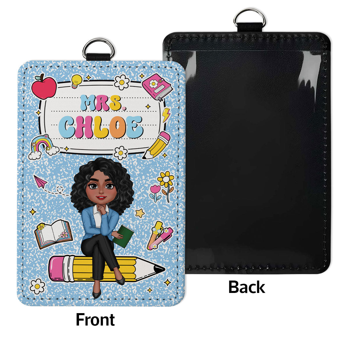 Composition Book Teacher Sitting On Pencil Name Personalized ID Badge Holder, Back To School Gift