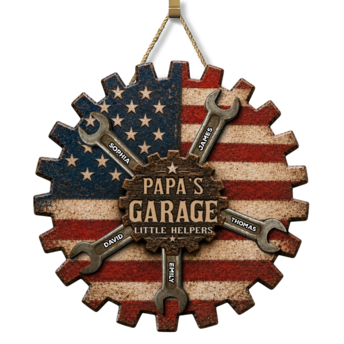 Rustic Workshop Little Helpers Nation Flag Theme 2D Flat - Personalized Wooden Garage Sign - Father's Day Gift For Patriotic Mechanic Dad, Grandpa