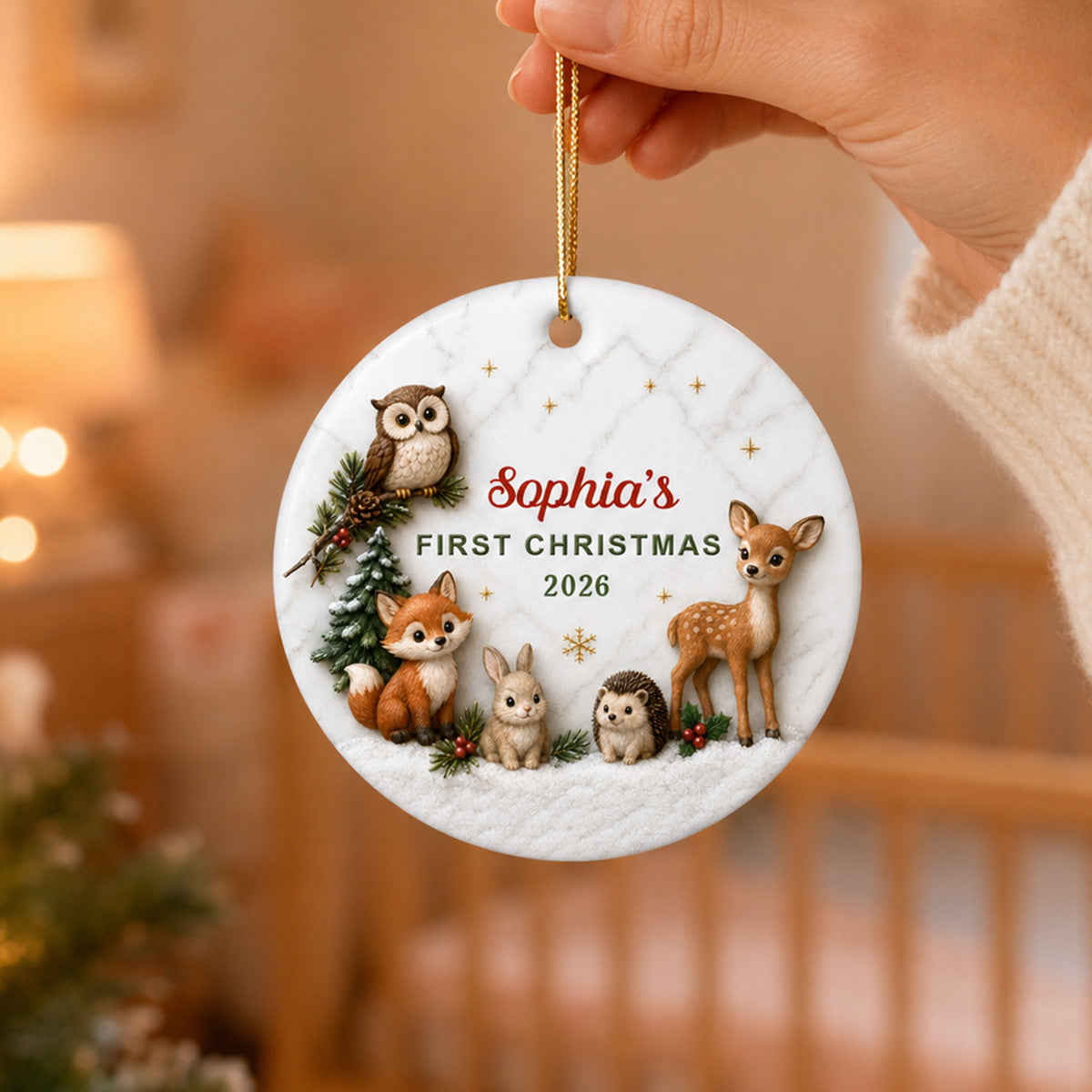 Baby First Christmas Woodland Animals 2D Flat - Personalized Ceramic Ornament - Christmas Keepsake