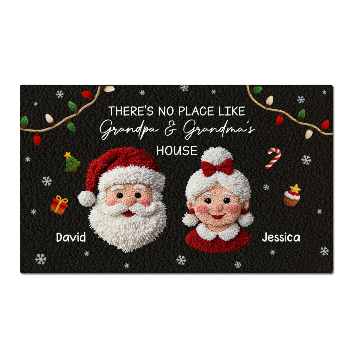 No Place Like Grandma Grandpa Santa Claus - Personalized Doormat - Latch Hook Yarn Faux Christmas Decor, Gift for Grandparents