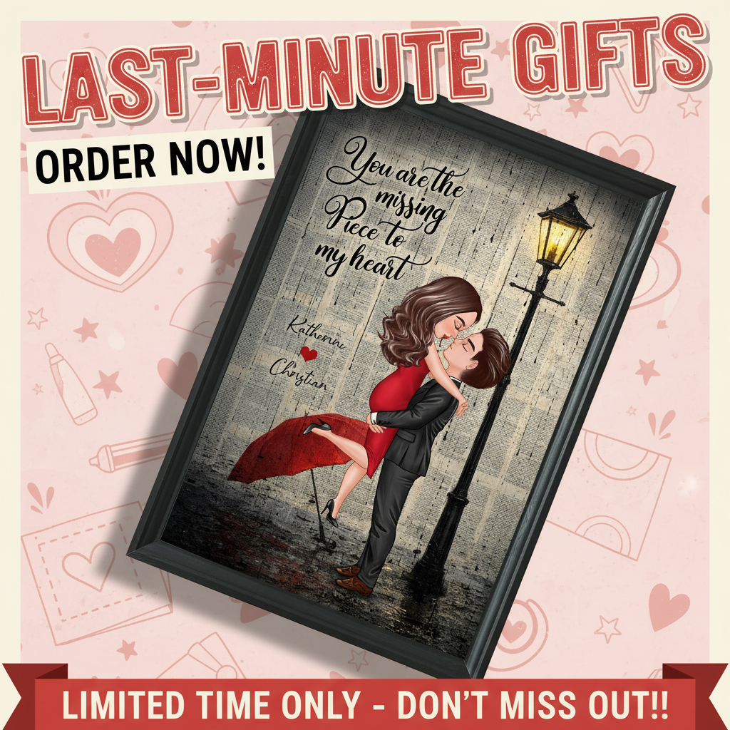 Vintage Newspaper Couple Hugging Kissing Under Lamp Post - Personalized Poster