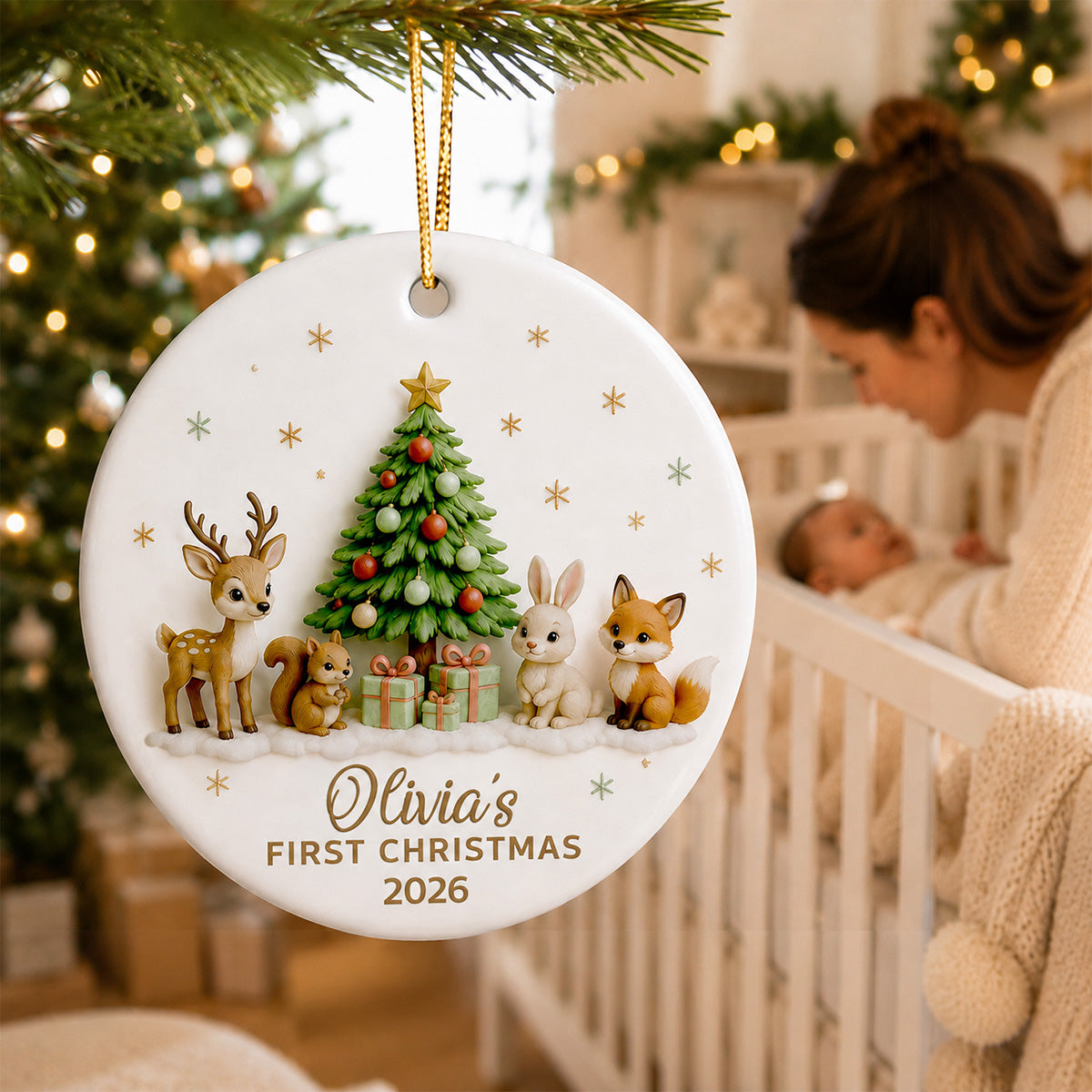 Baby’s First Christmas Tree & Woodland Animals 2D Flat - Personalized Ceramic Ornament - New Baby Christmas Keepsake