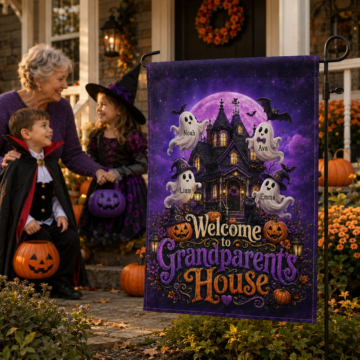 Welcome To Grandparent's House Boo Crew - Personalized Garden Flag - Halloween Decor Gift, Gift For Grandma Grandpa