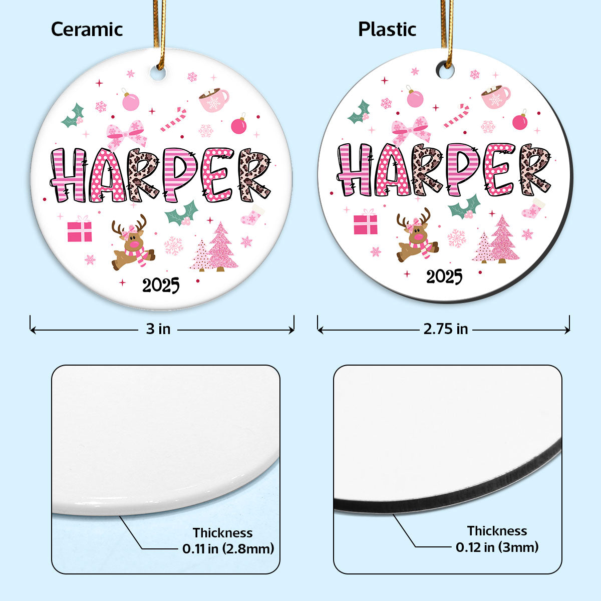 Pink Theme Cute Doll Girl Name Christmas - Personalized Ceramic Ornament - Gift For Daughter, Granddaughter