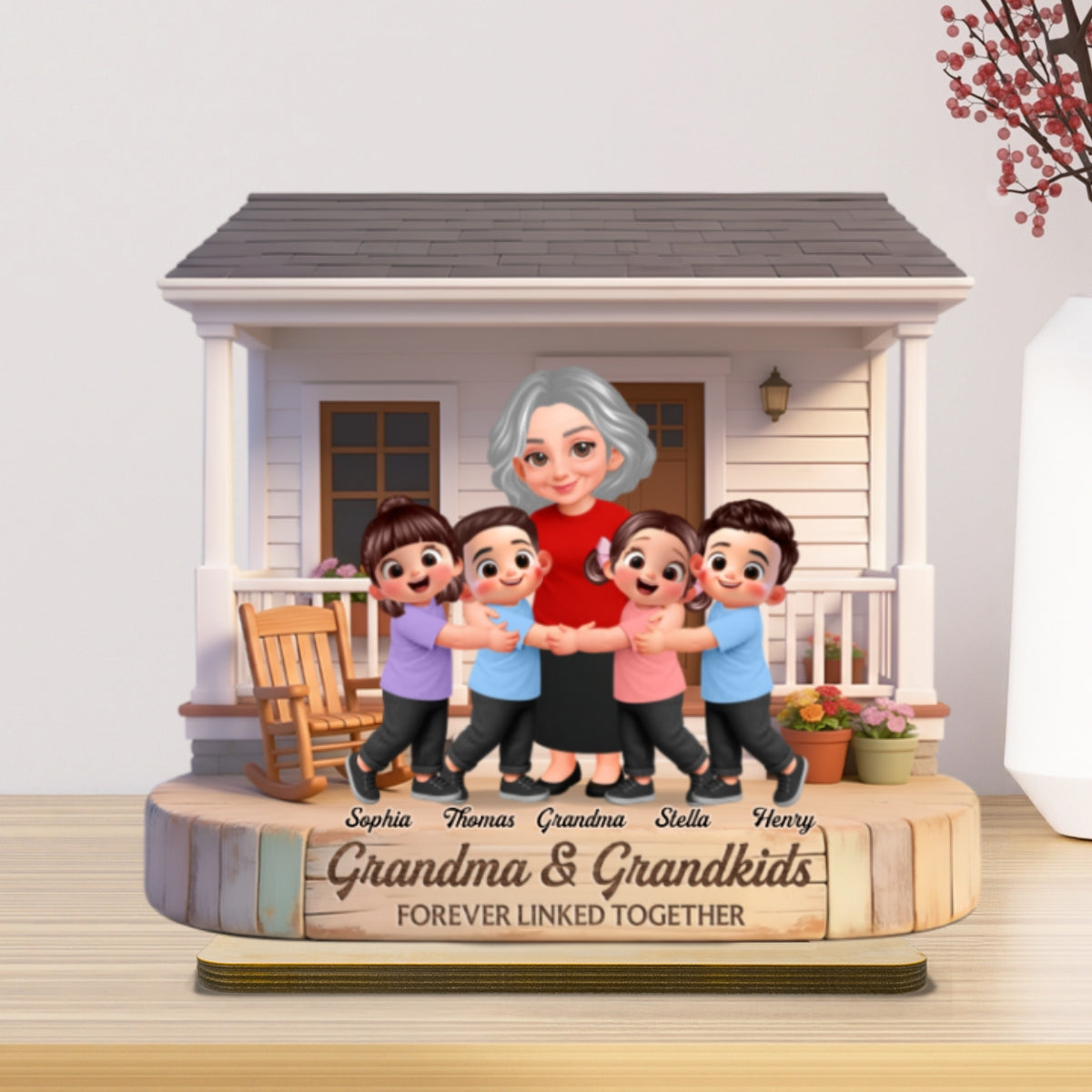 Grandma And Grandkids Happy Together At Front Porch - Personalized 2-Layered Wooden Plaque - Gift For Grandma