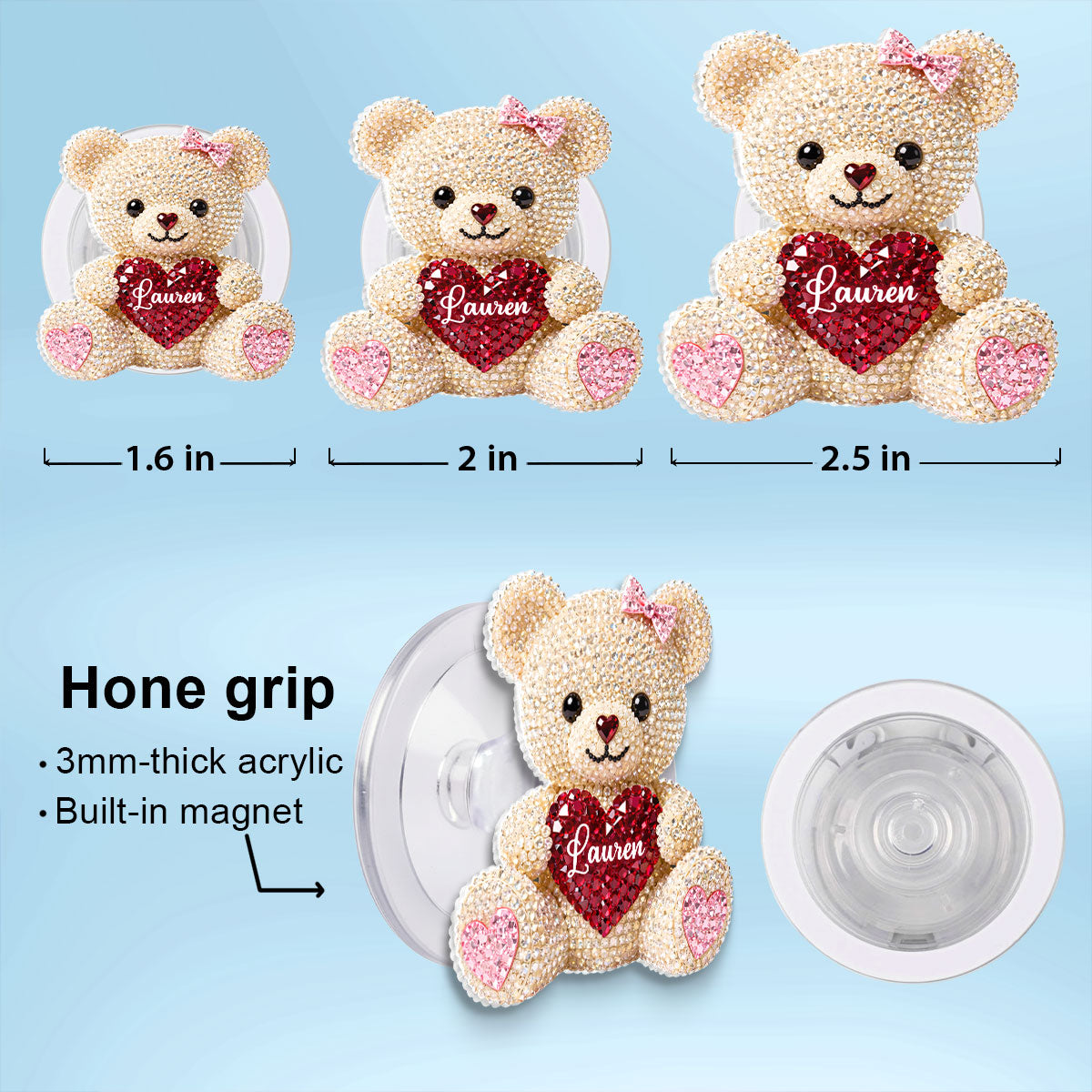 3D Effect Teddy Bear Valentine - Personalized Acrylic Magnetic Phone Grip - Anniversary, Valentine's Day Gift, Gift For Her