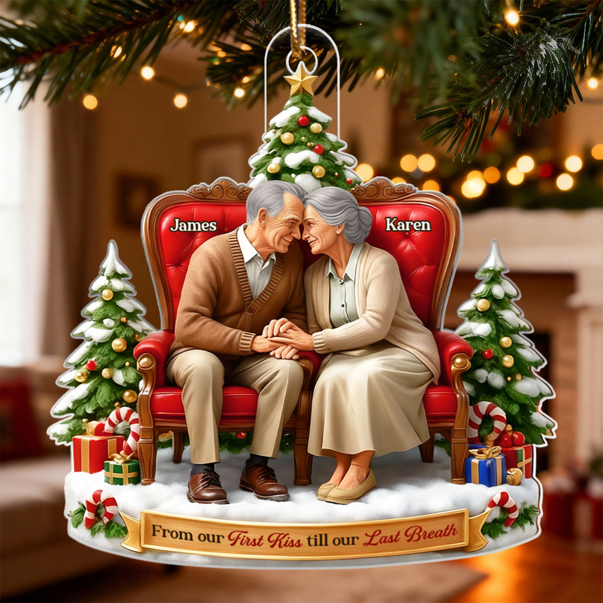 Old Couple Sitting Together from Our 1st Kiss til Our Last Breath - Personalized Acrylic Ornament - Christmas Gift for him, Gift for her