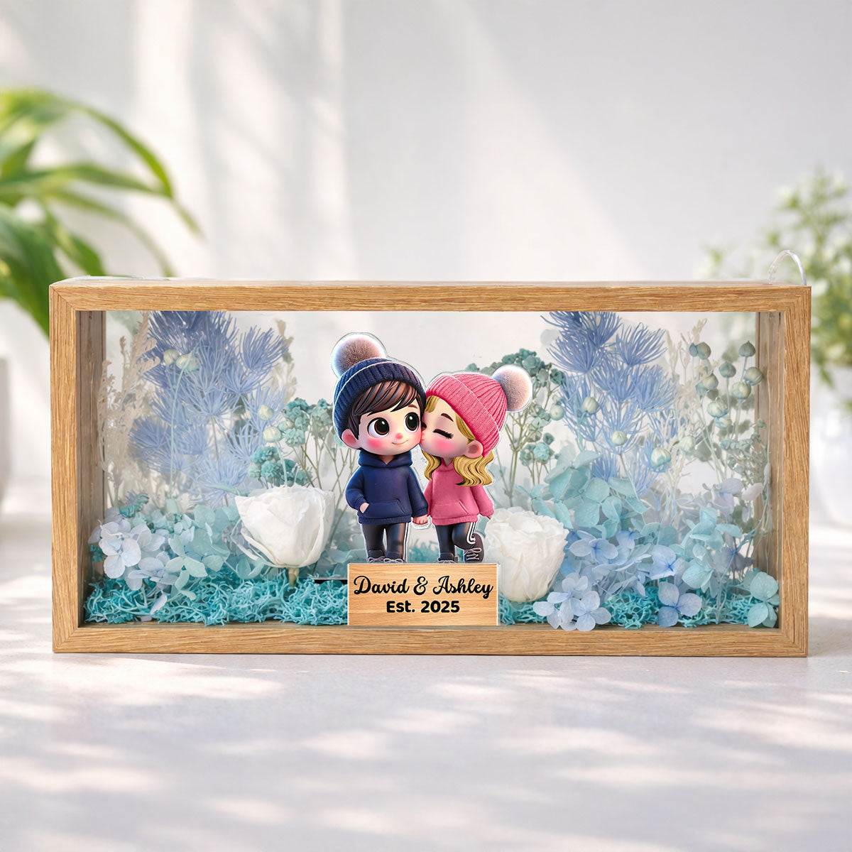Eternal Love Cute Cartoon Chibi Couple Couple - Personalized DIY Flower Shadow Box LED Night Light - Gift For Couple, For Him, For Her