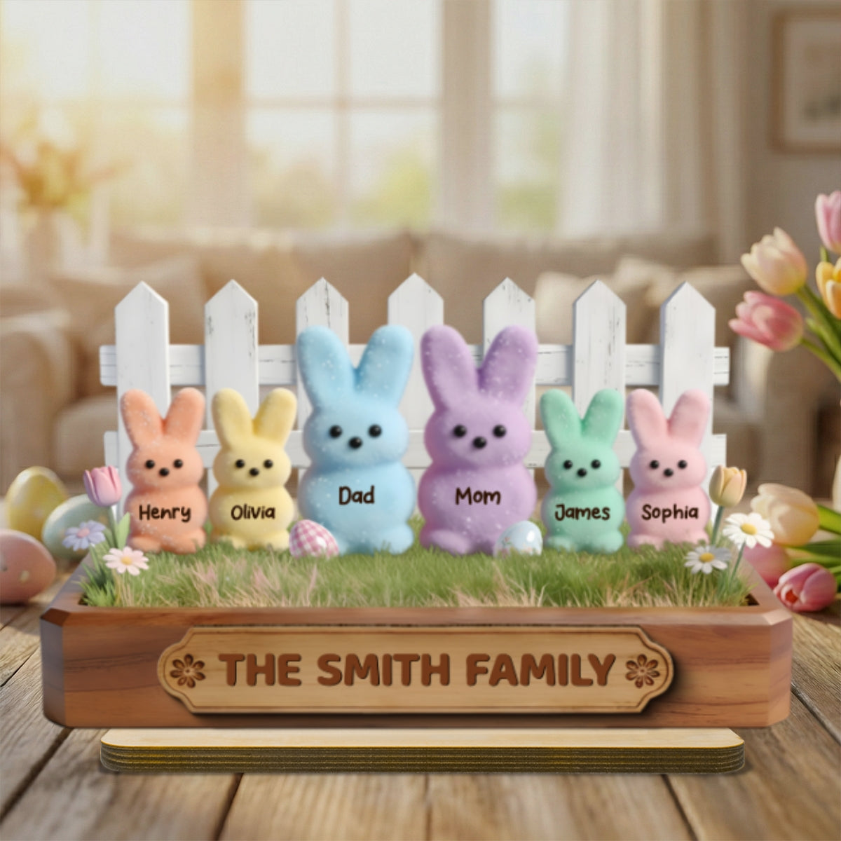 Easter Bunnies Family - Personalized 2-Layered Wooden Plaque - Gift For Family, Easter Decoration