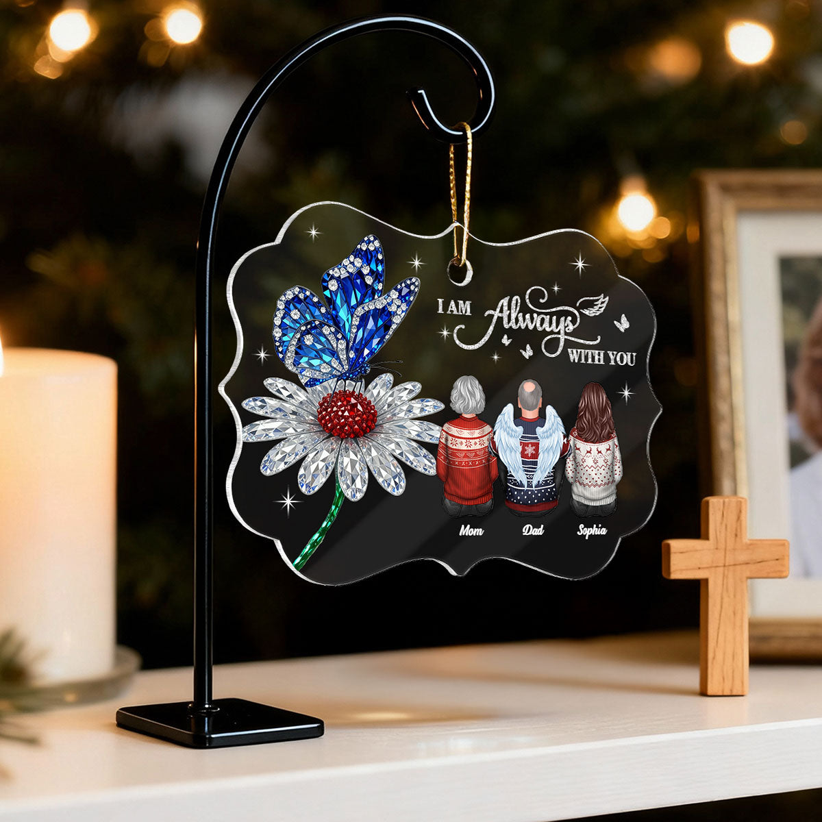 3D Crystal Effect Daisy Butterfly Always With You Family Memorial - Personalized Acrylic Ornament - Remembrance Gift, Sympathy Gift