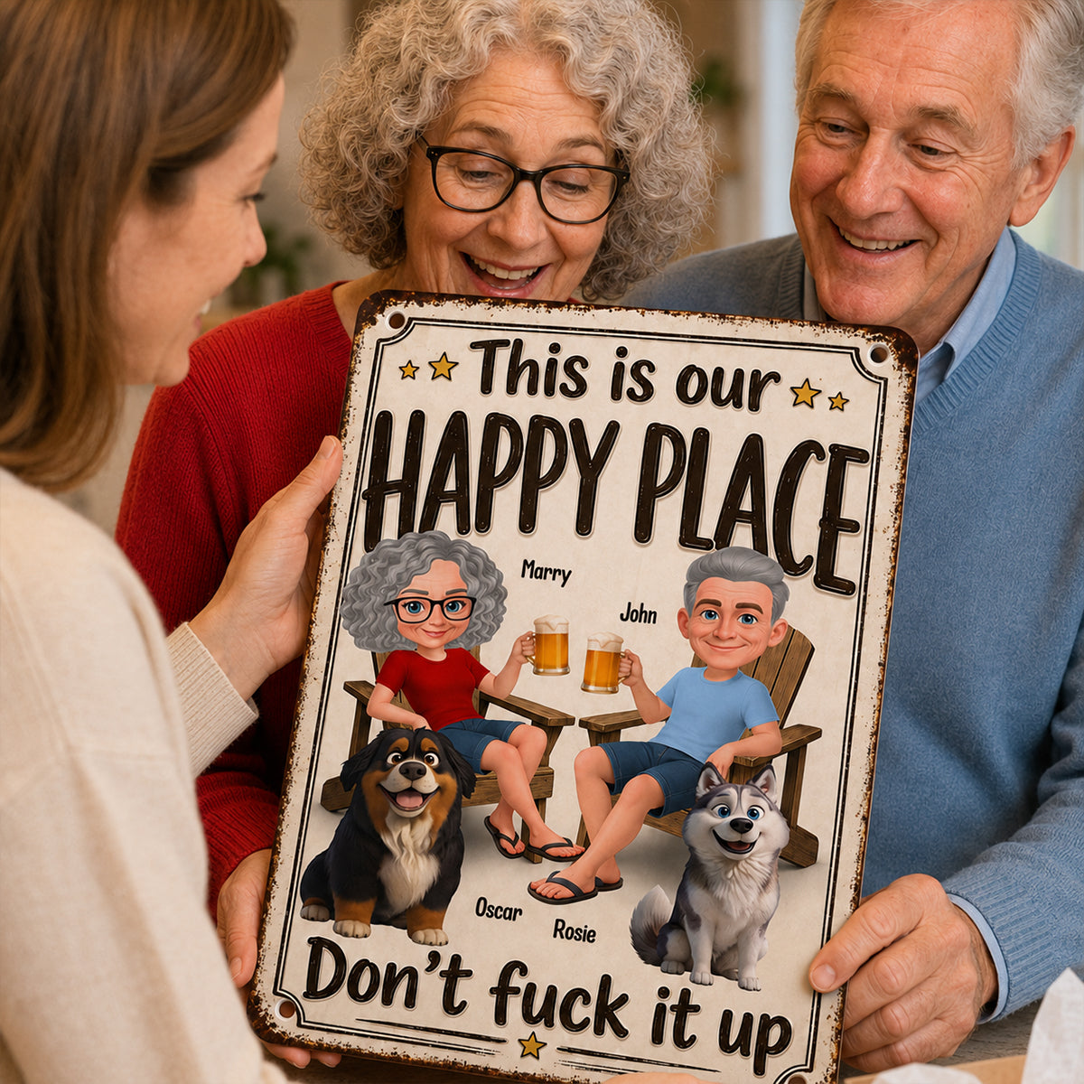 This is Our Happy Place Couple and Dogs - Personalized Metal Sign - Funny Vintage Sign for Couple