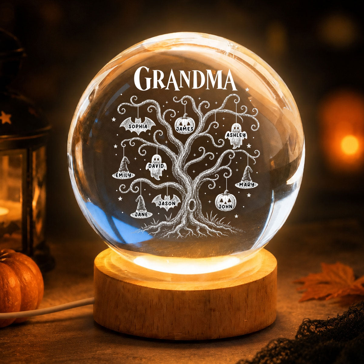 Halloween Tree With Kids Names - Personalized Crystal Ball Night Light - Halloween Gift For Grandma