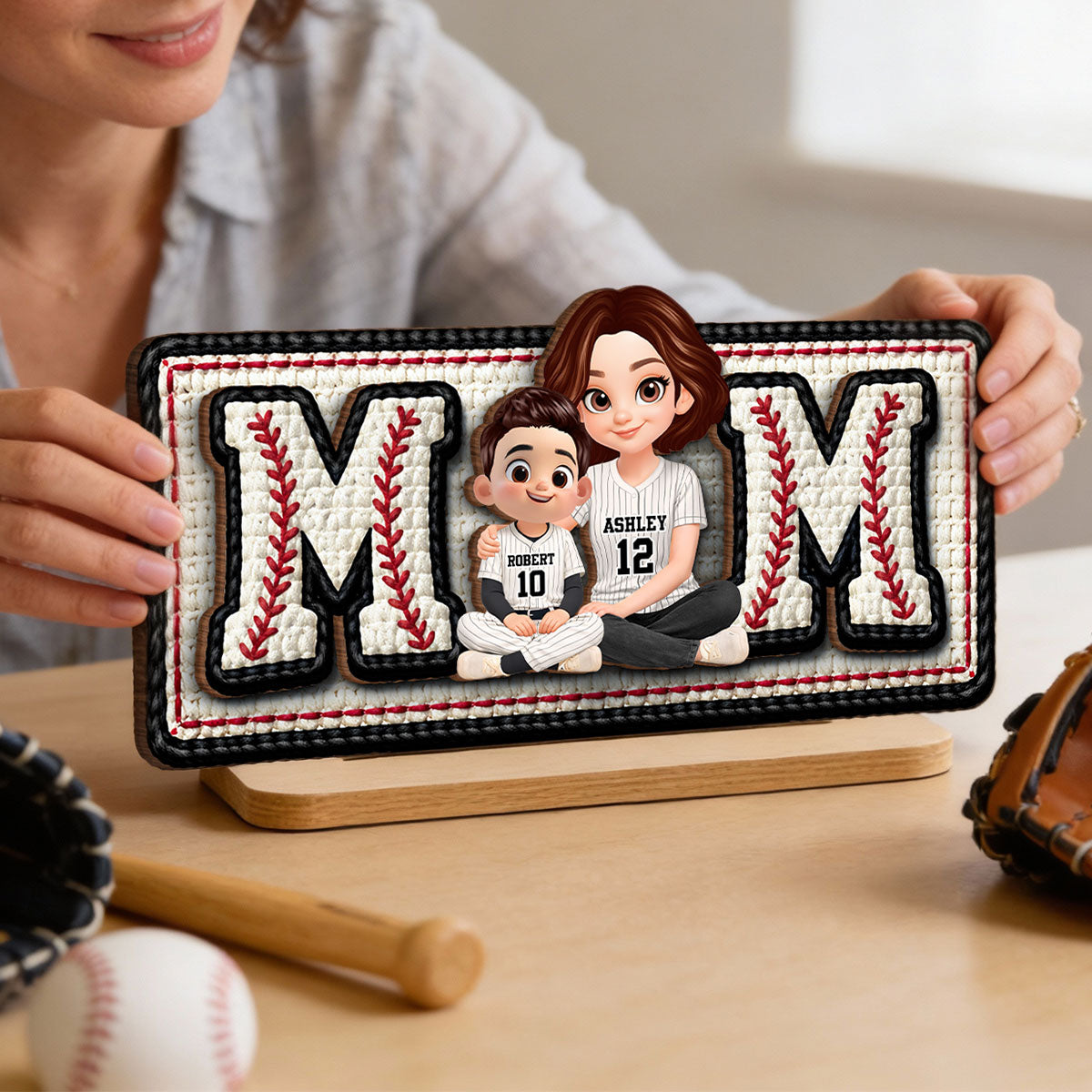 Baseball Mom And Daughter Son - Personalized 2-Layered Wooden Plaque - Heartfelt Gift For Baseball Mom, Grandma