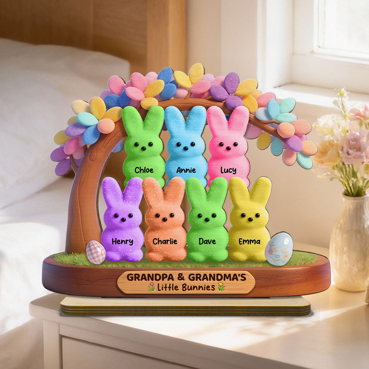 Colorful Happy Easter Grandma Little Bunnies - Personalized 2-Layered Wooden Plaque - Gift For Grandma