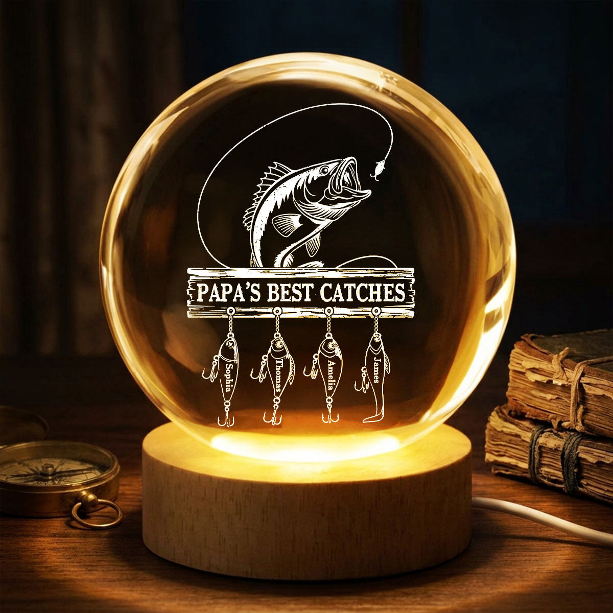 Daddy Grandpa Best Catch Fishing - Personalized Crystal Ball LED Night Light - Heartfelt Gift For Dad, Gift For Grandpa