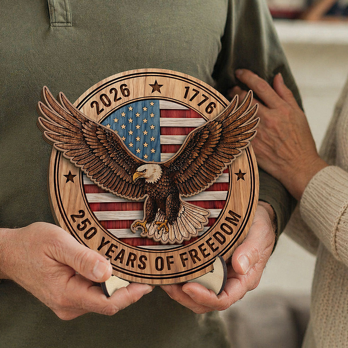 United States 250th Anniversary Eagle & American Flag - Personalized 2-Layered Wooden Plaque - America 250th Anniversary Emblem American Patriot Home Decor