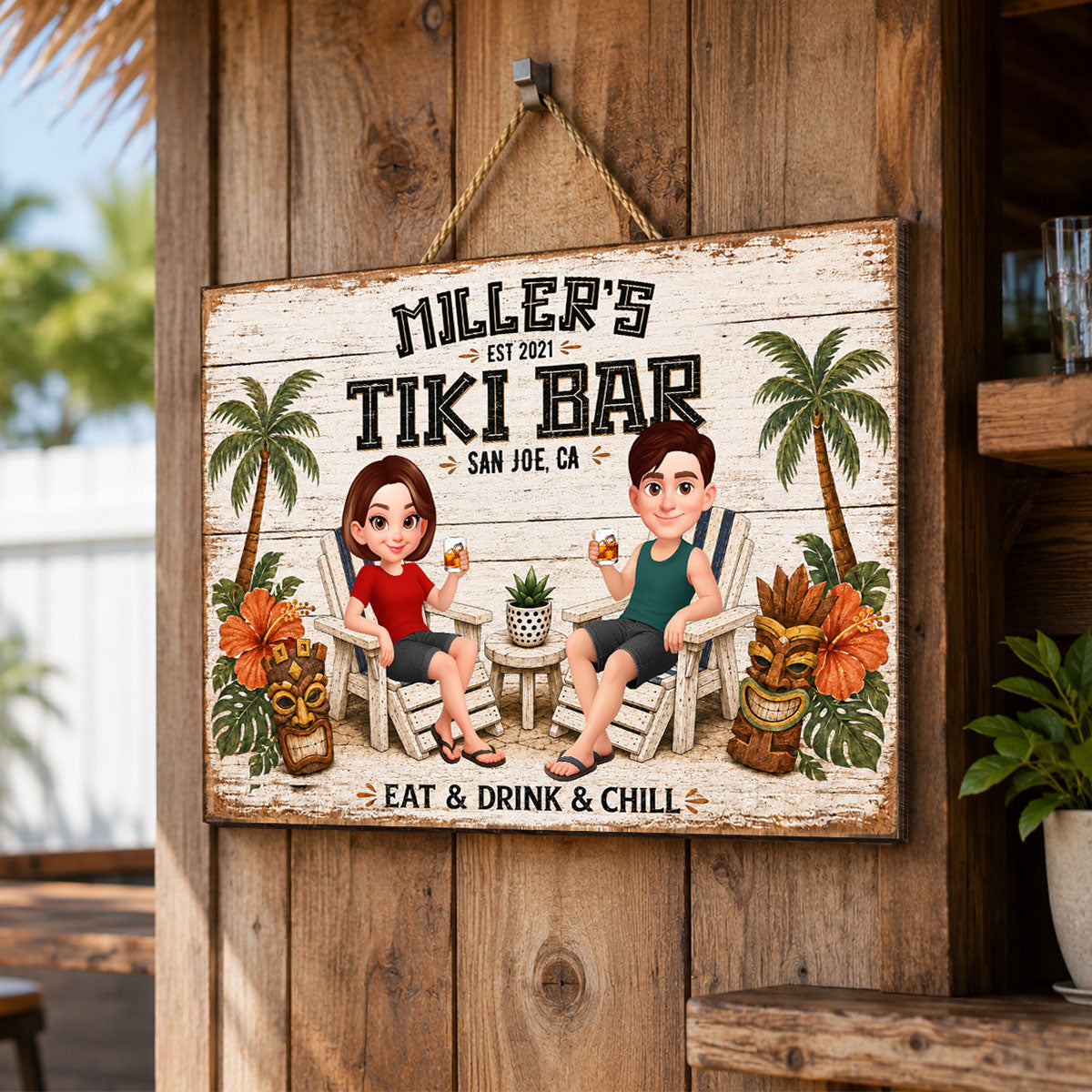 Custom Couple Tiki Bar - Personalized Wooden Sign - Outdoor Home Bar Decor, Eat Drink & Chill Sign, New Home Gift