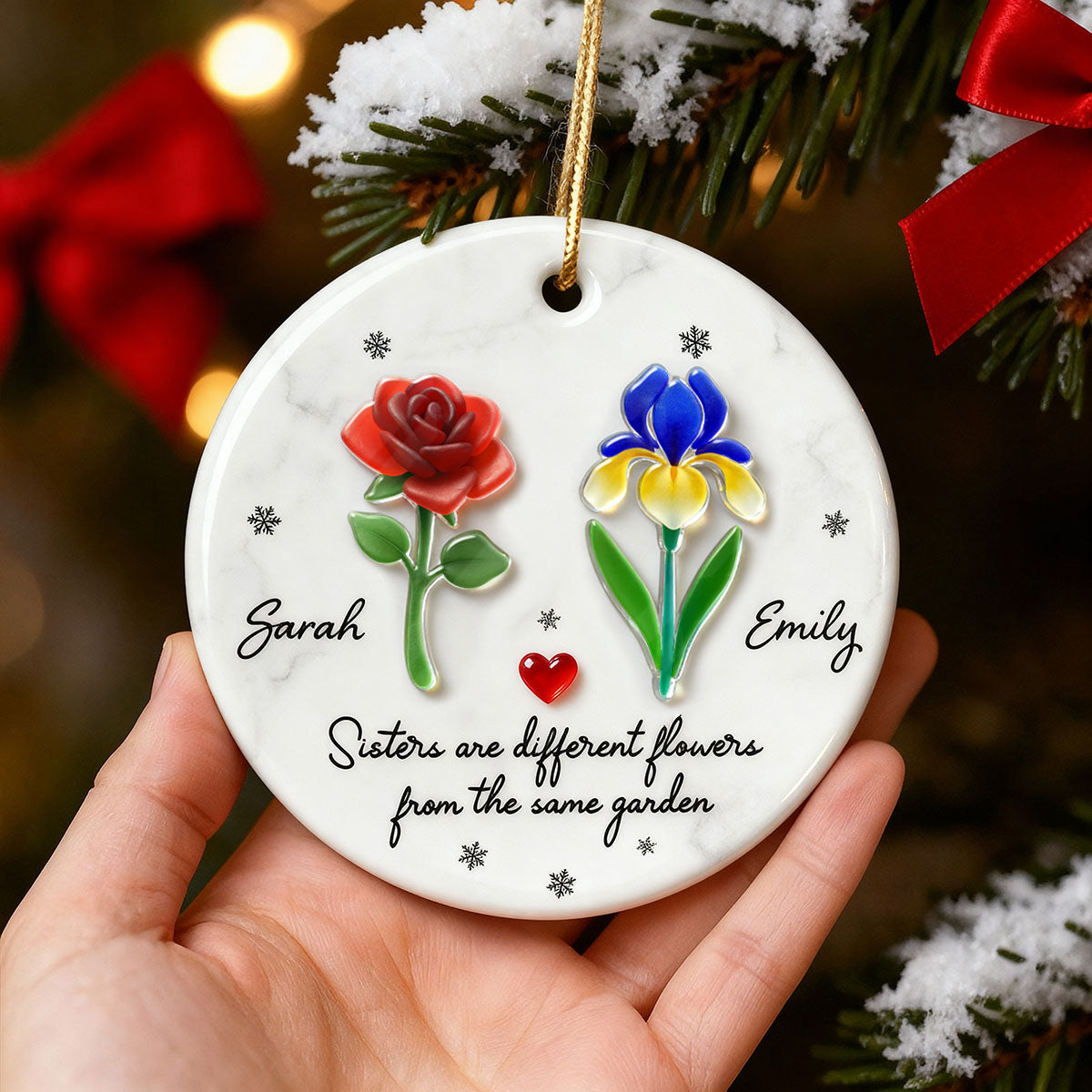 Sisters Are Different Flowers from the Same Garden, 3D Effect Sea Glass - Personalized Ceramic Ornament with Acrylic