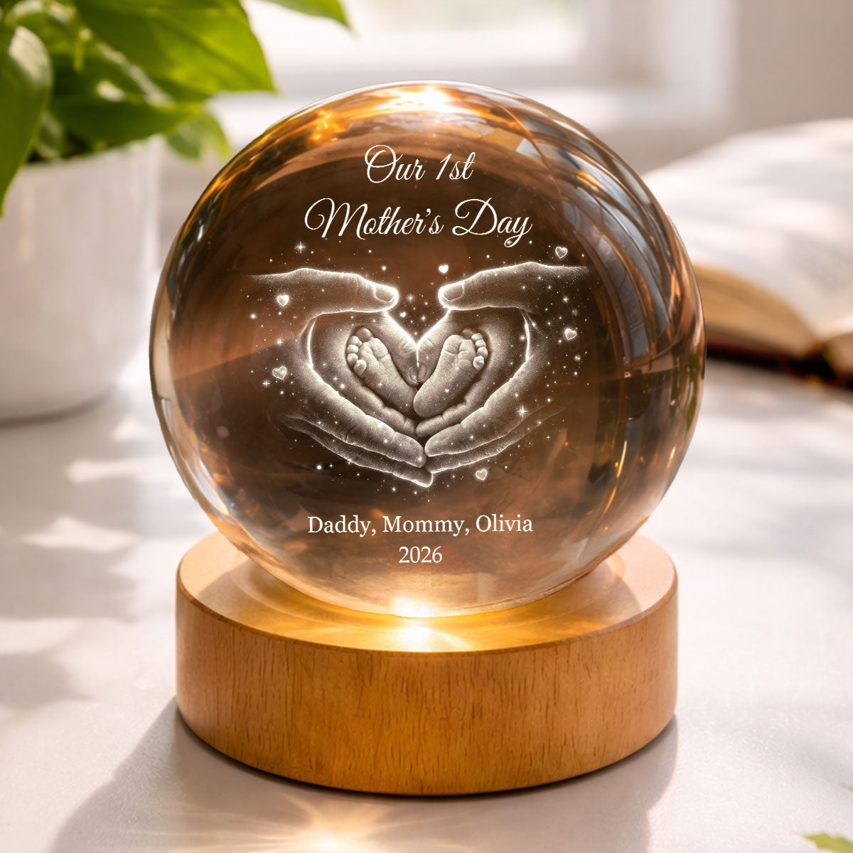 Our Family Heart Handprint - Personalized Crystal Ball LED Night Light - Sentimental Gift for Mom, Dad