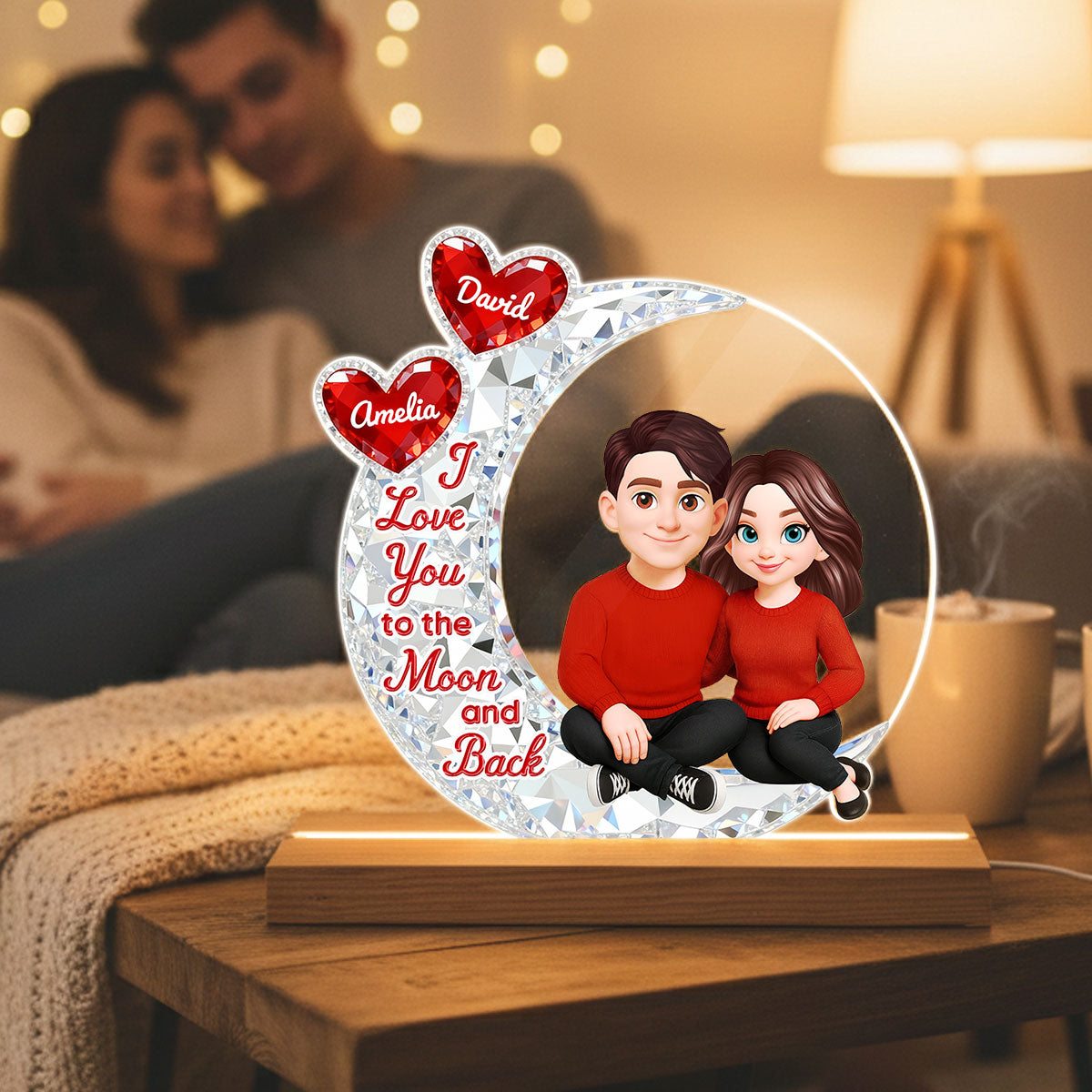 Eternal Love Couple Sitting On Moon - Personalized Plaque LED Night Light - Heartfelt Gift For Couple, Gift For Him, For Her