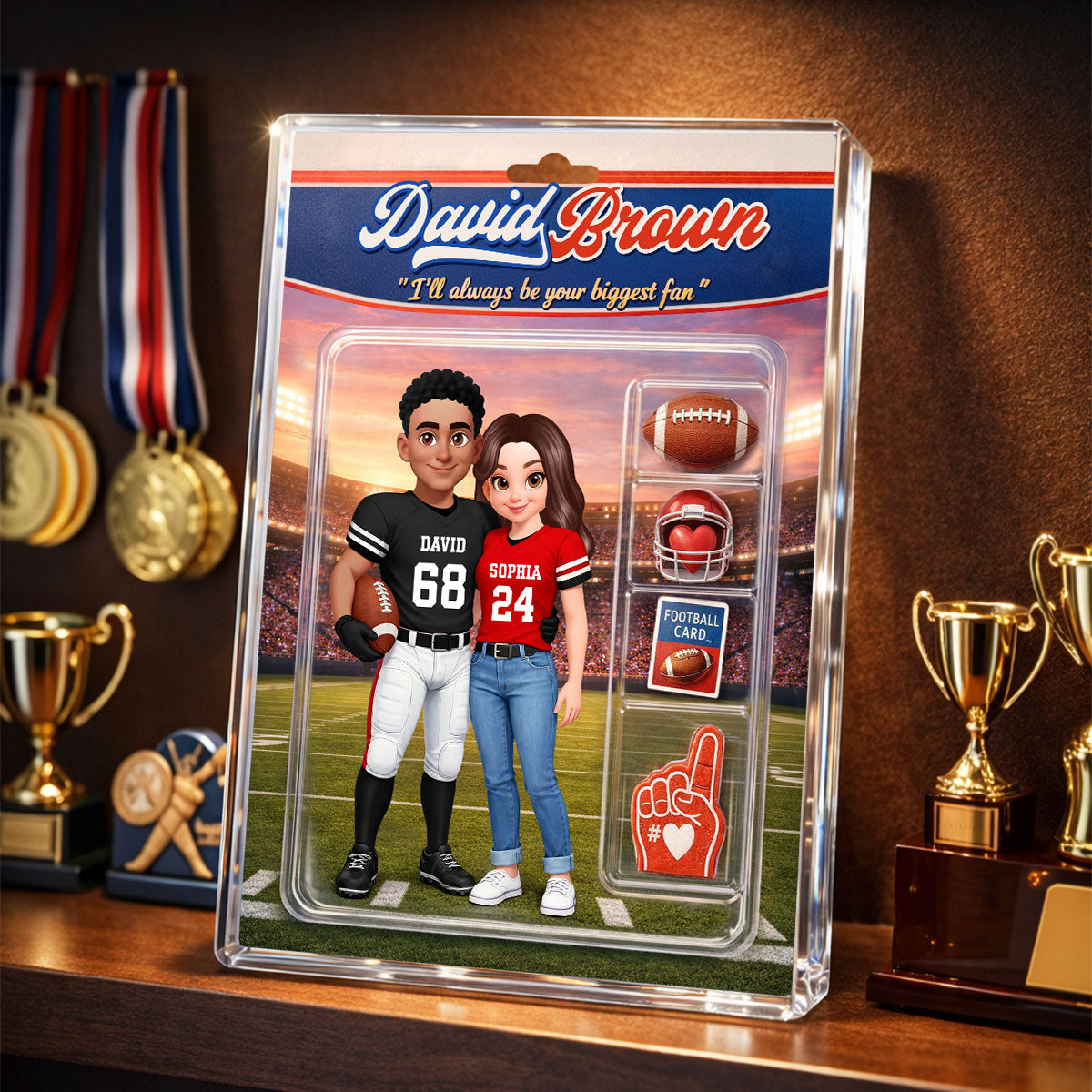 Football Couple I'll Always Be Your Biggest Fan Custom Action Figure - Personalized Acrylic Block Plaque - Sentimental Gift for Him