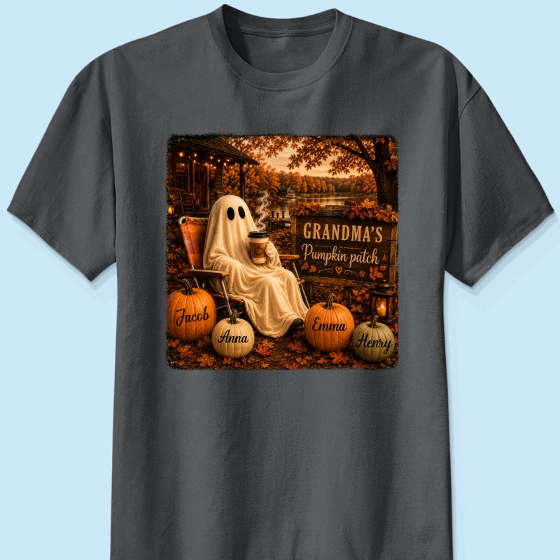 Grandma's Pumpkin Patch Ghost Fall Vibe - Personalized Shirt - Cozy Fall Gift for Grandma