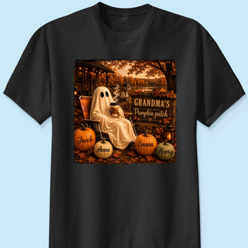 Grandma's Pumpkin Patch Ghost Fall Vibe - Personalized Shirt - Cozy Fall Gift for Grandma