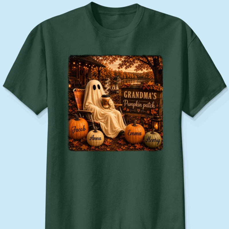 Grandma's Pumpkin Patch Ghost Fall Vibe - Personalized Shirt - Cozy Fall Gift for Grandma