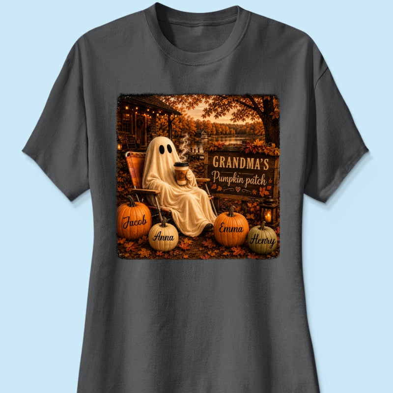 Grandma's Pumpkin Patch Ghost Fall Vibe - Personalized Shirt - Cozy Fall Gift for Grandma