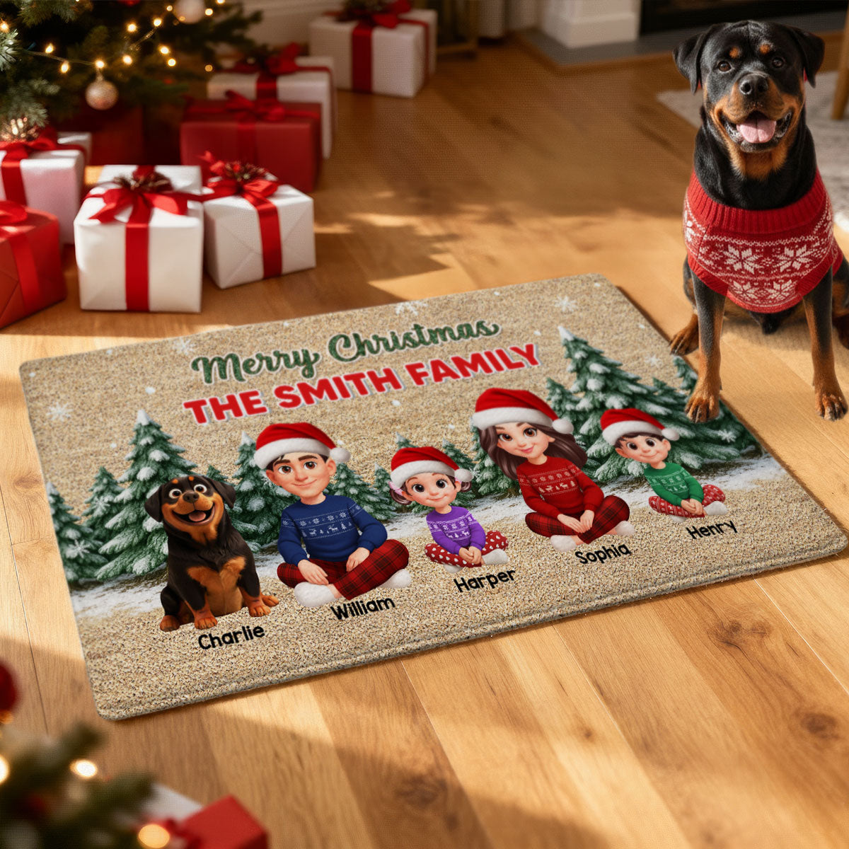 3D Effect Snowy Christmas Tree Beautiful Family Together Christmas - Personalized Doormat