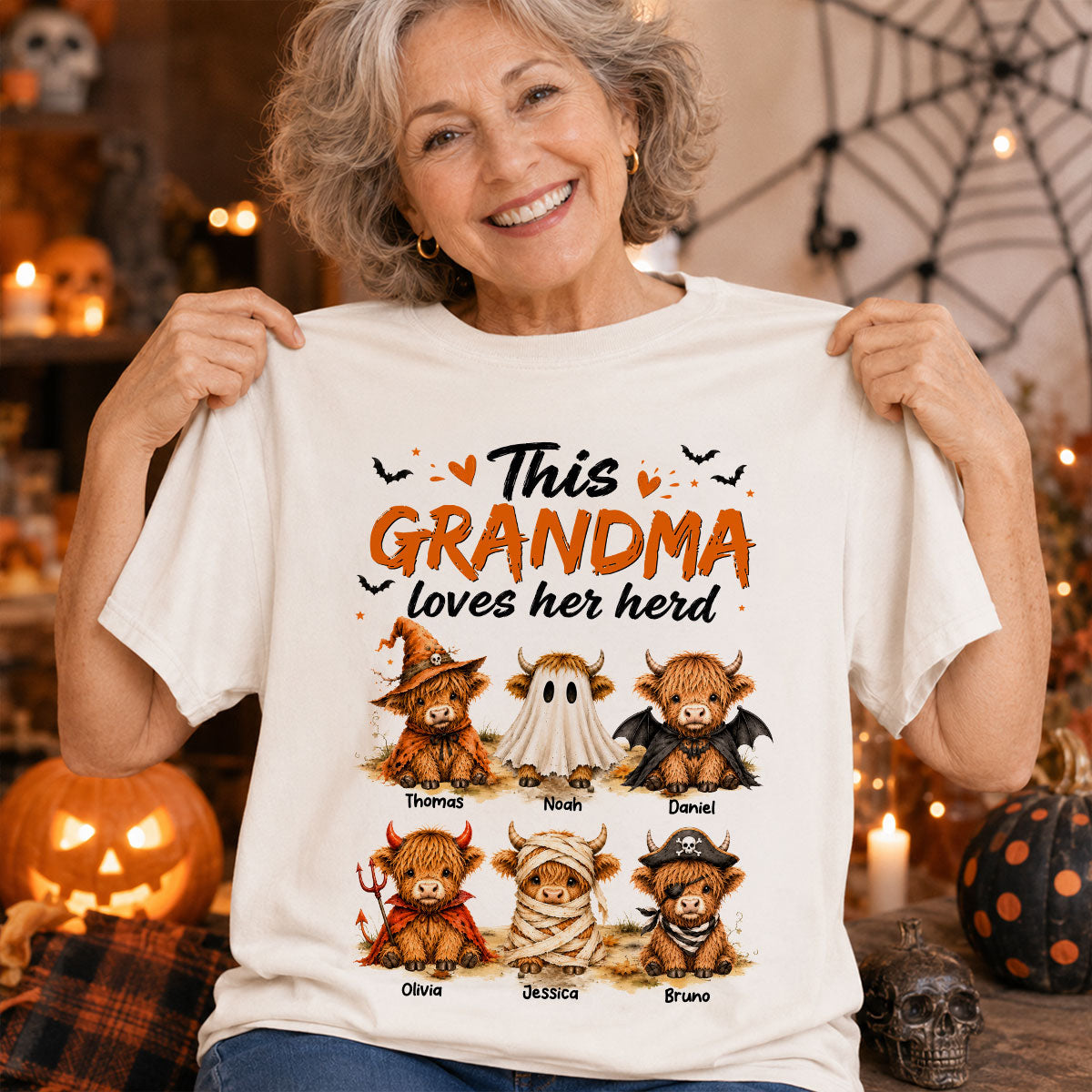 Funny Halloween Highland Cow - Personalized Shirt - Gift For Gramdmas, Moms