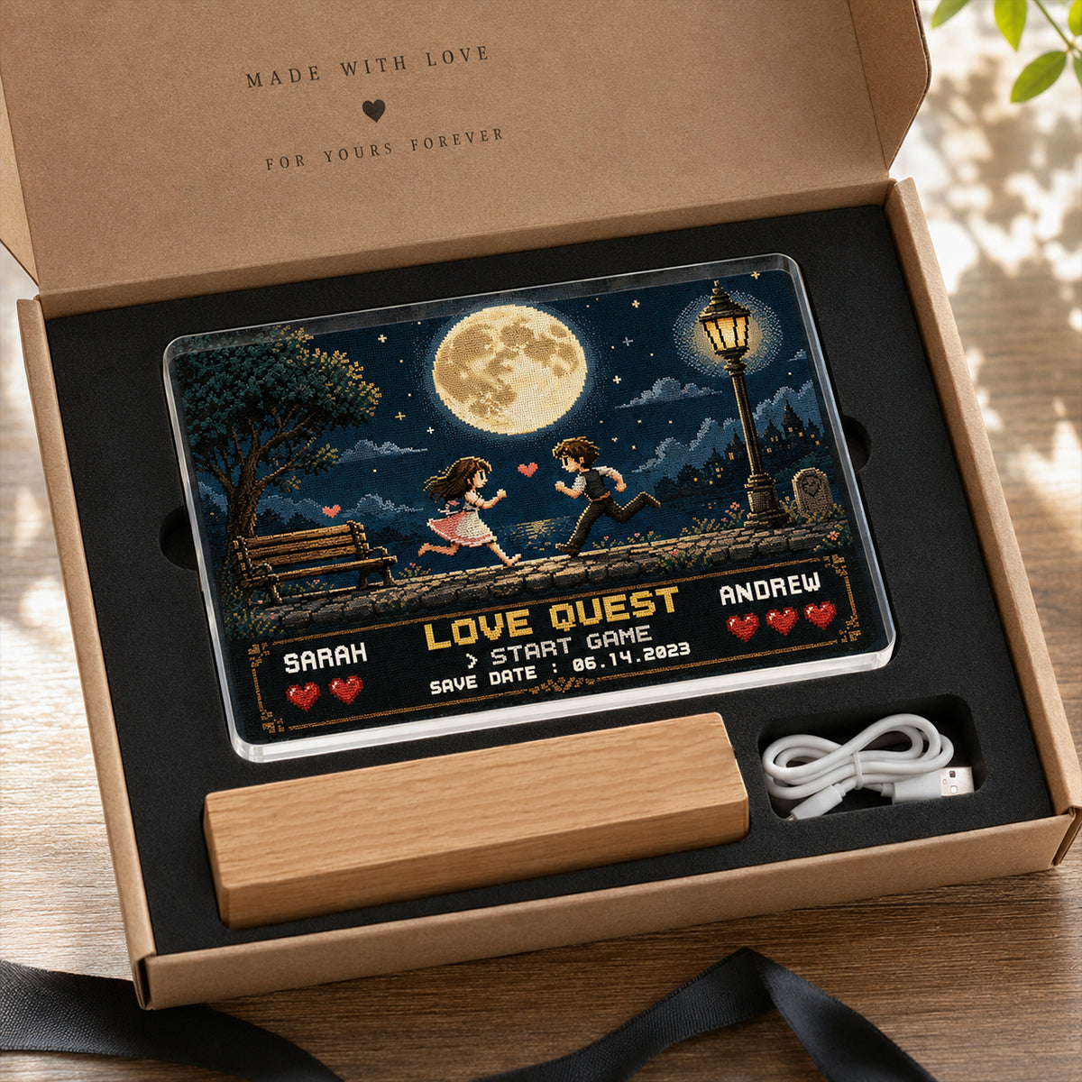Retro Gamer Couple Love Quest - Personalized Acrylic Block LED Night Light - Anniversary Gift for Him, for Her