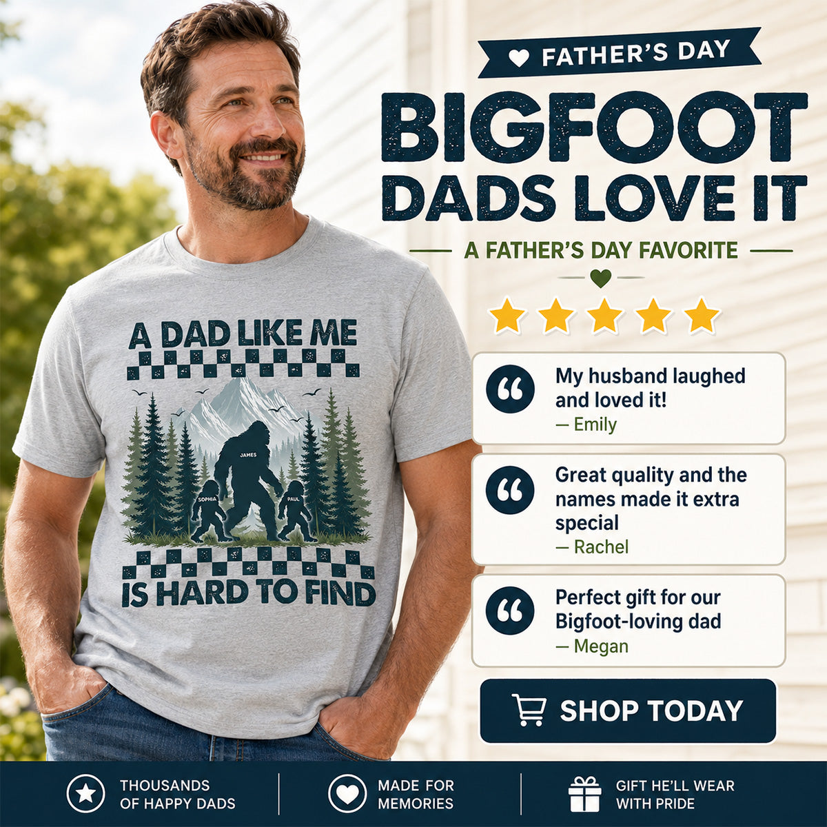 Retro Funny Bigfoot Dad With Kids Names - Personalized Shirt - Father's Day Gift for Dad