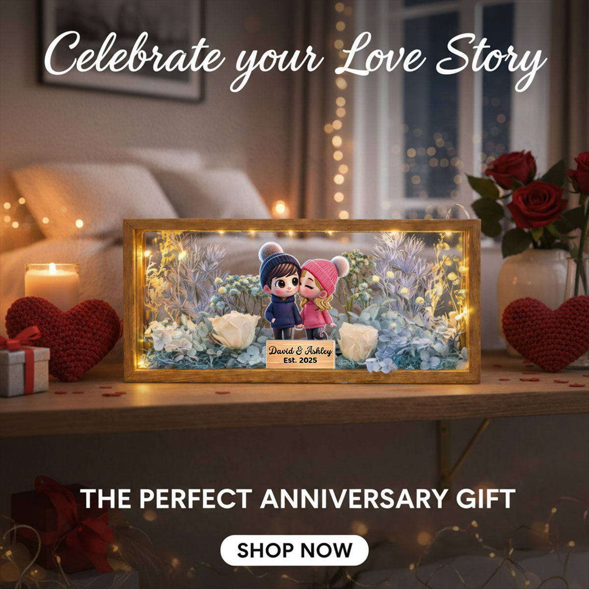 Eternal Love Cute Cartoon Chibi Couple Couple - Personalized DIY Flower Shadow Box LED Night Light - Gift For Couple, For Him, For Her