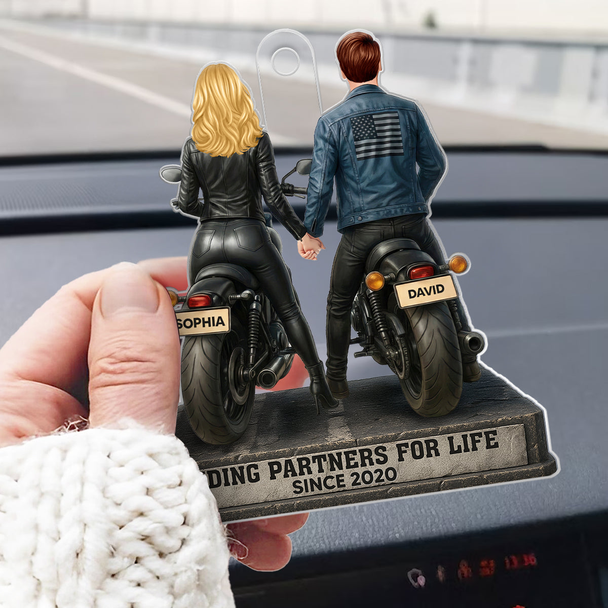 Biker Couple Riding Partners for Life - Personalized Acrylic Car Hanger - Sentimental Gift for her, for him
