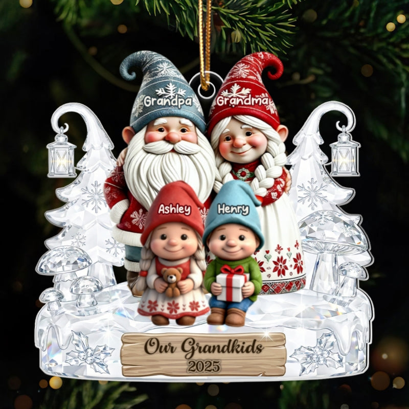 Grandpa Grandma And Grandkids Gnome Crystal Pattern - Personalized Acrylic Ornament - Heartwarming Christmas Gift For Grandma, Grandpa, Family