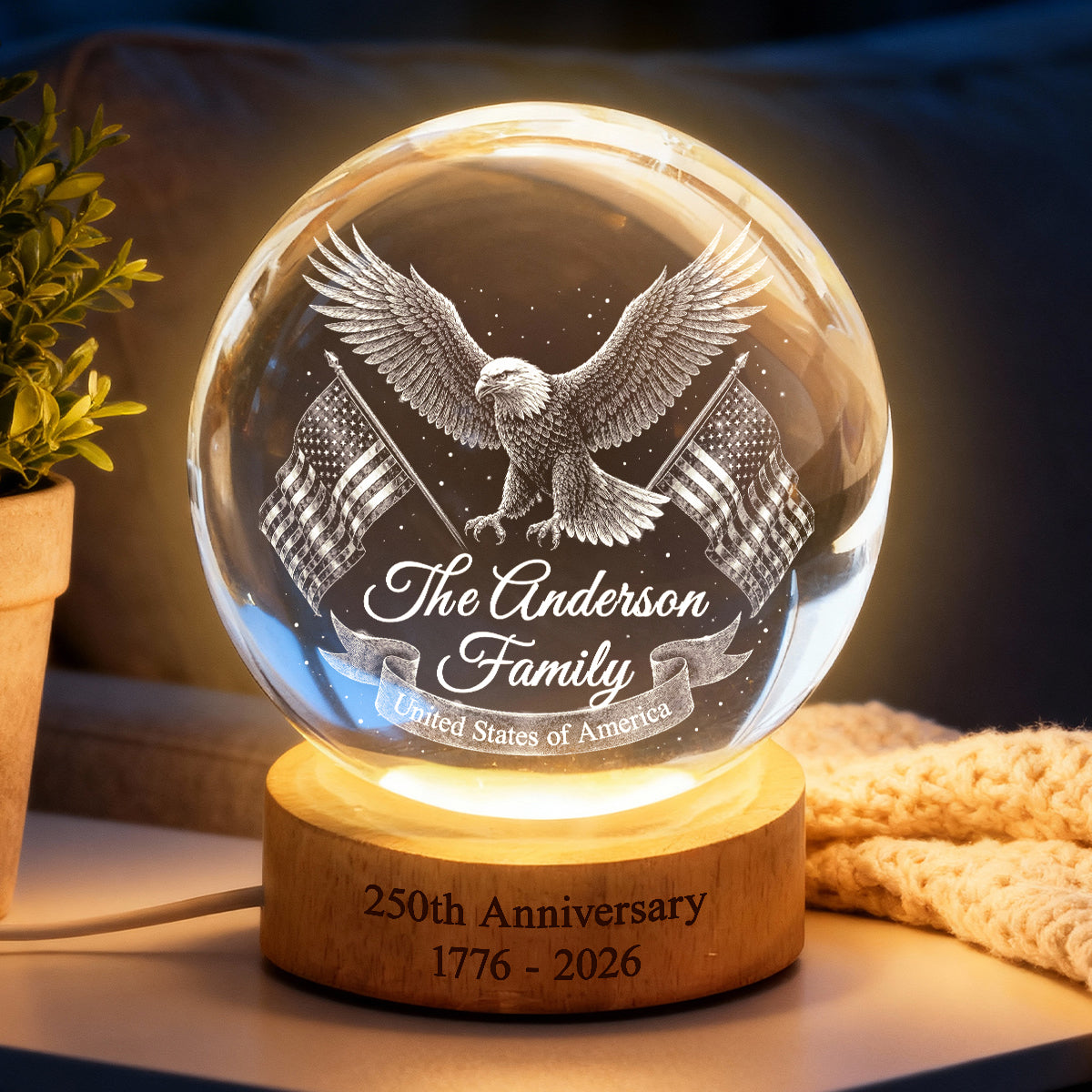 United States of America 250th Anniversary - Personalized Crystal Ball LED Night Light - Custom Family Name