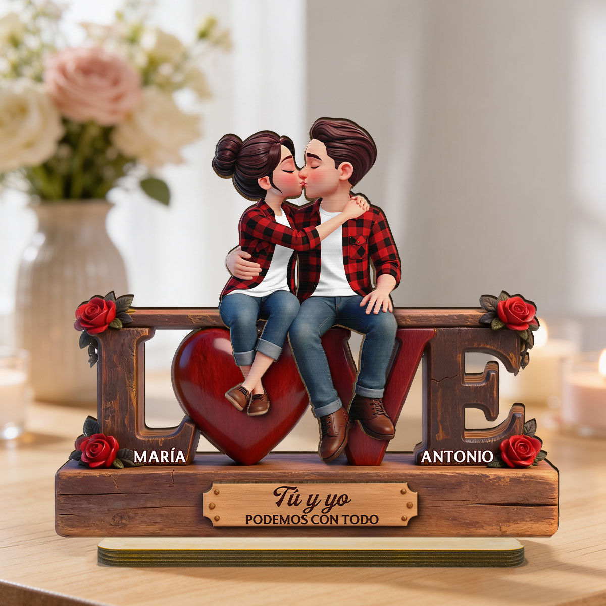 Roses LOVE Spanish Couple Sitting Kissing - Personalized 2-Layered Wooden Plaque - Heartfelt Gift For Couple